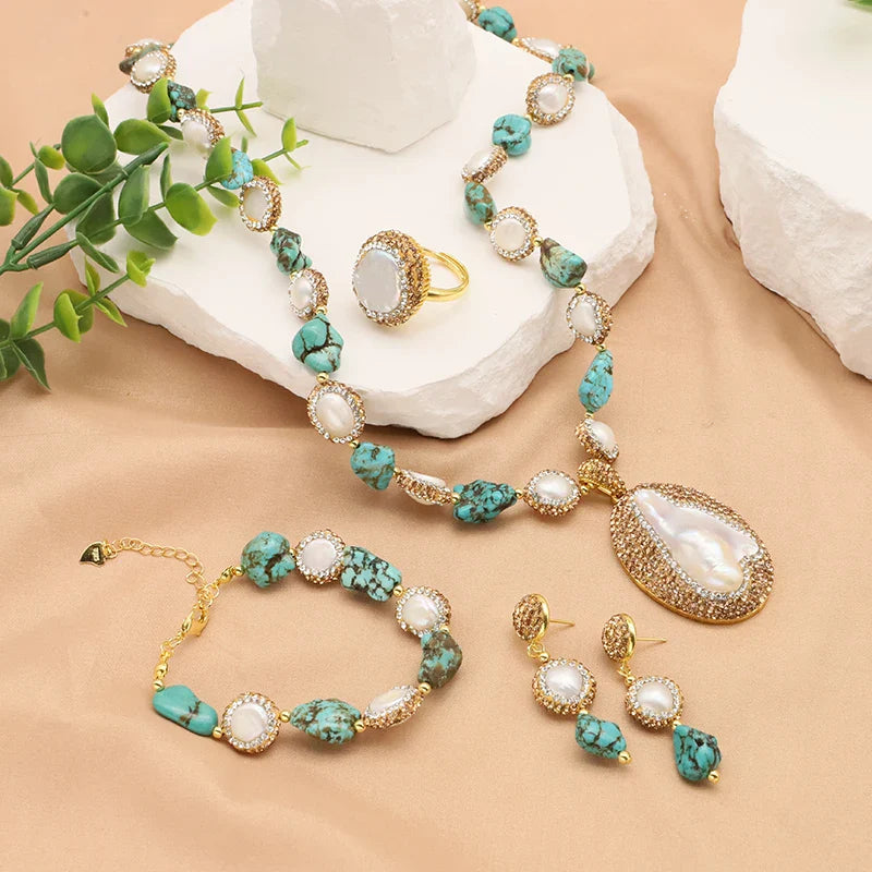 GLSEEVO Natural Baroque Shaped Pearl Women Jewelry Necklace Bracelet Earring Ring Set Rhinestone Inlaid Luxury Dress Jewelry