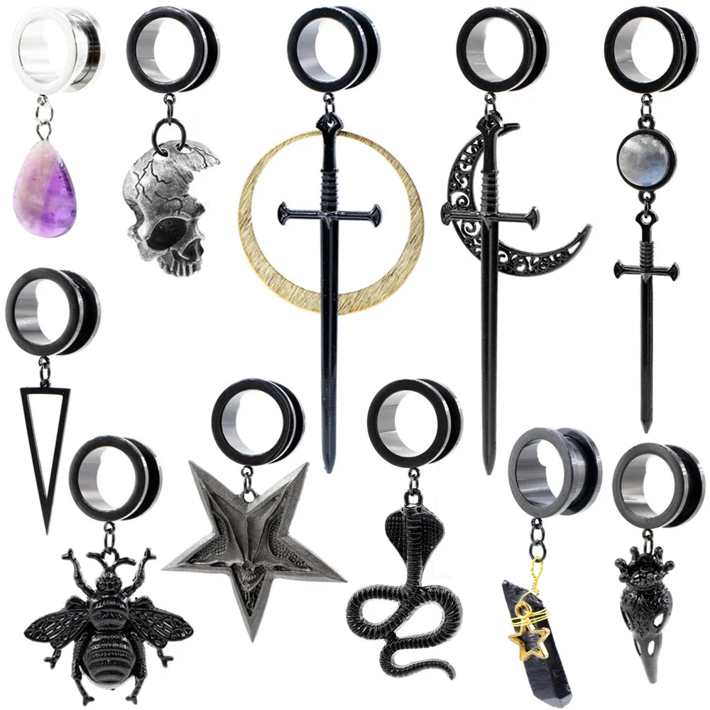 Alisouy 1PC Stainless Steel Water Drop Stone Star Moon Sword Skull Bees Dangle Earring Ear Gauge Plug Tunnel Expander Stretcher