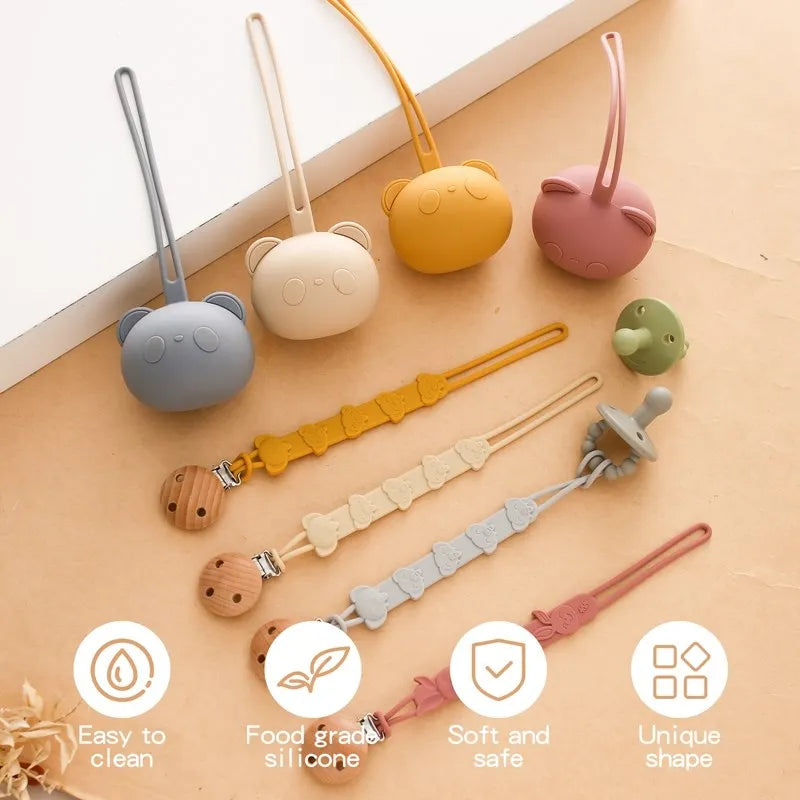  Baby Silicone Pacifier Holder Set BPA Free Food Grade Silicone Infant Travel Portable Storage Box Silicone Chain Nipple Set