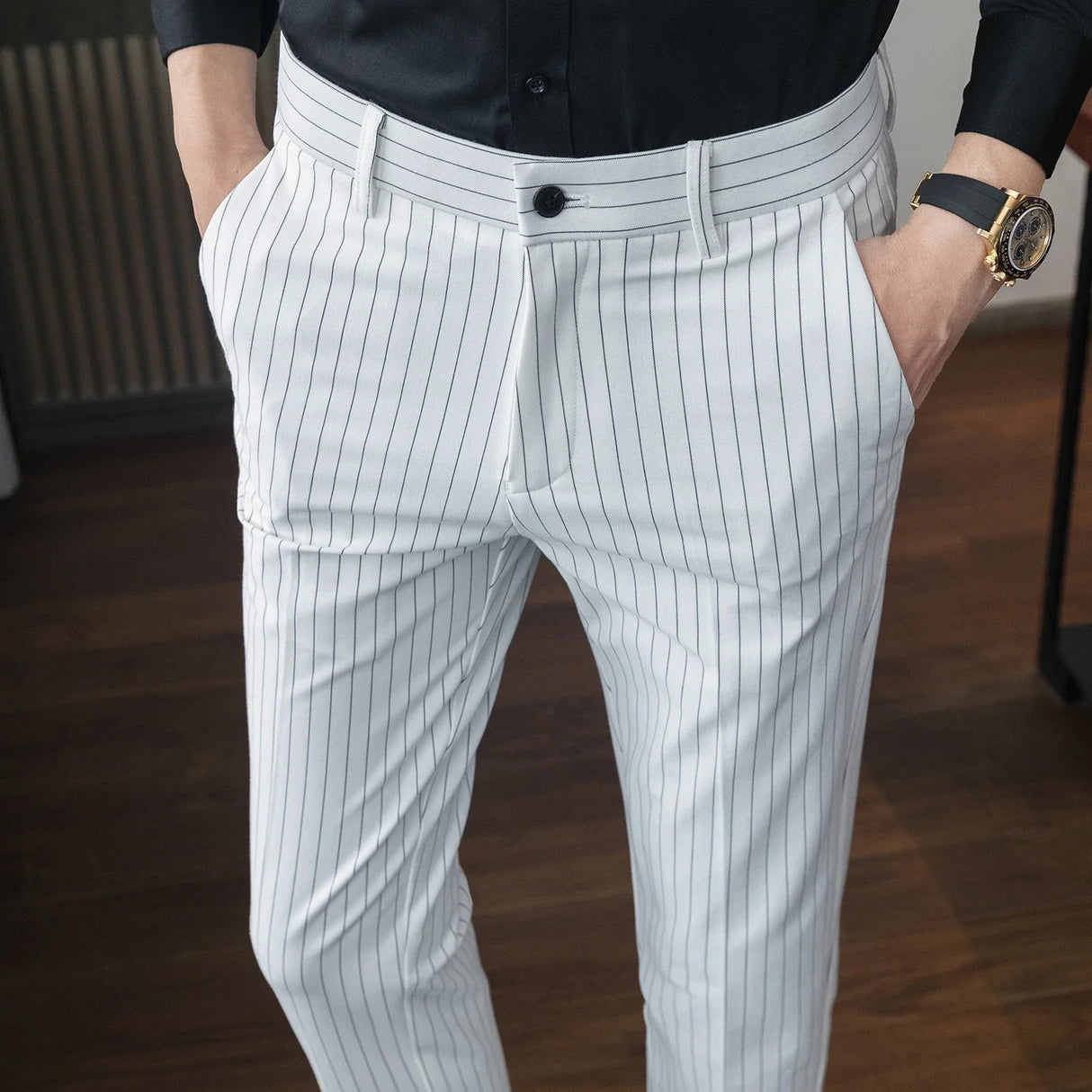 Spring Summer New Fashion Striped Casual Pants Men's Casual Simple Ankle Length Formal Slim Suit Pants Business Office Trousers