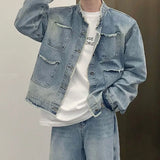 Men's Casual Washed Denim Jacket Streetwear Ripped Stand Collar Texture Korean Harajuku Retro Long Sleeve Luxury Coat 2024 New