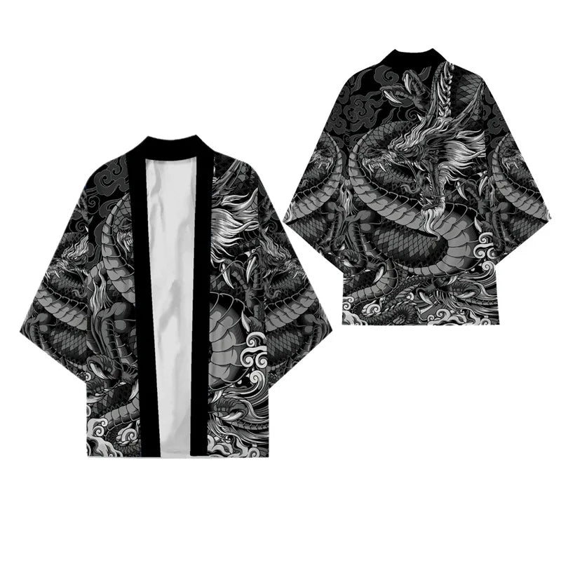 Black Kimono Cardigan Women Men Japanese Obi Male Yukata Men's Haori Chinese Dragon Print Coat Traditional Japan Clothing