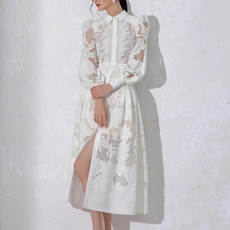 2023 New In Spring/Autumn Lace Long Women Evening Dress Hollow Embroidery Formal Party Dress Prom Dress Puff Sleeve Niche Design