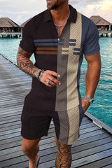 New Summer Men's Suit Trend 3D Printing Zipper Polo Shirt + Shorts Two Piece Set Soft Fashion Casual Men Clothing Tracksuit Set