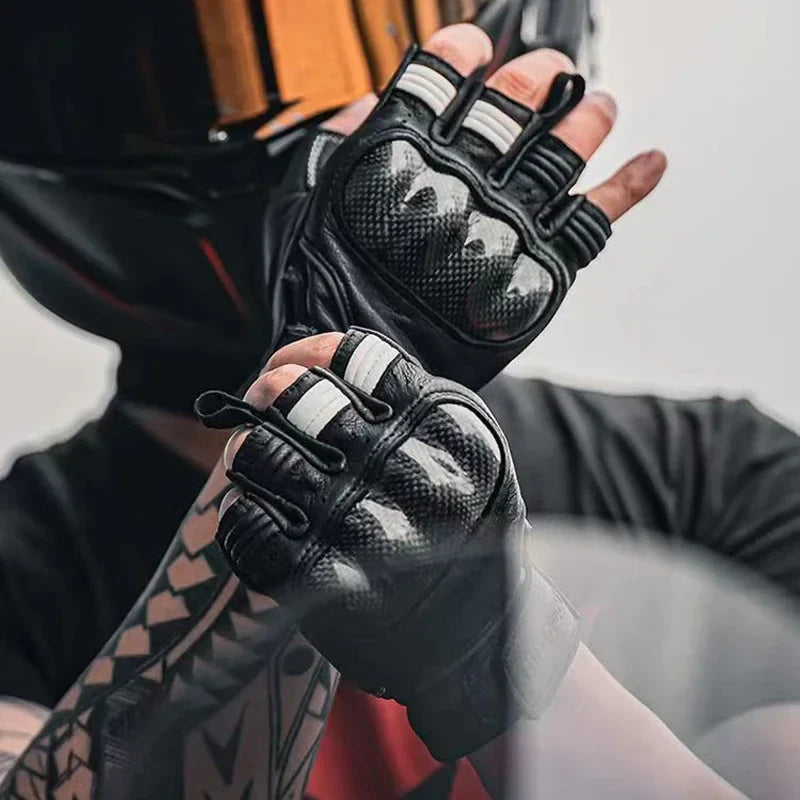 Half Finger Leather Motorcycle Gloves Hard Knuckle Carbon Fibre Protector Riding MTB Racing Riding  Leather Gloves for Men Women