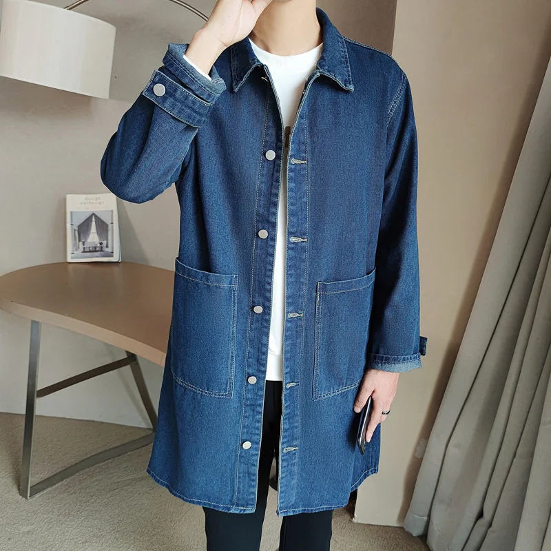 Mid-length Denim Windbreaker Jacket Men Spring Autumn Casual Trench Coat Korean Fashion Solid Wild Loose Male Trendy Outerwear