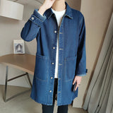 Mid-length Denim Windbreaker Jacket Men Spring Autumn Casual Trench Coat Korean Fashion Solid Wild Loose Male Trendy Outerwear