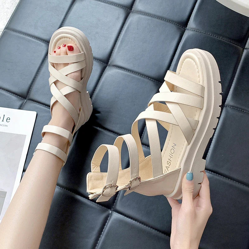 2022 Open Toe Flatform Wedges Shoes Woman Summer Beach Sandals Sexy Women Plus Size PU Leather Sandalias Mujer Sapato Feminino