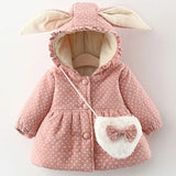 Winter Outerwear Infant Girl Clothes Toddler Jacket For Kids Korean Cartoon Cute Dot Hooded Warm Thick Coat+Bag Baby Tops BC028