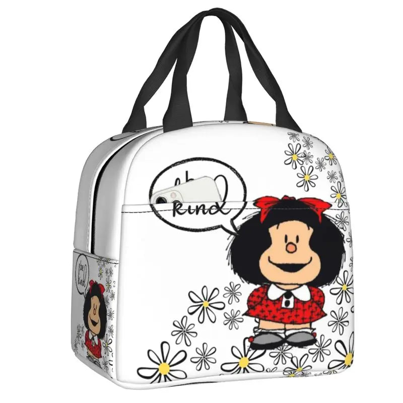 Mafalda Insulated Lunch Bags for Women Argentine Cartoon Quino Comic Portable Cooler Thermal Food Lunch Box Kids School Children