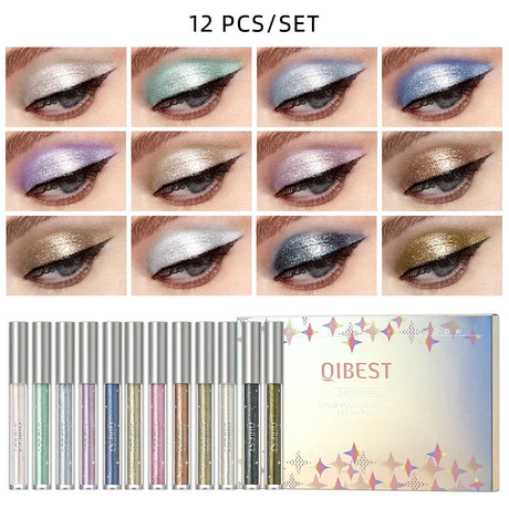 QIBEST 12 Colors Glitter Liquid Eyeshadow Waterproof Metallic Pearly Eye Shadow Set Eye Pigment Korean Makeup For Women Cosmetic