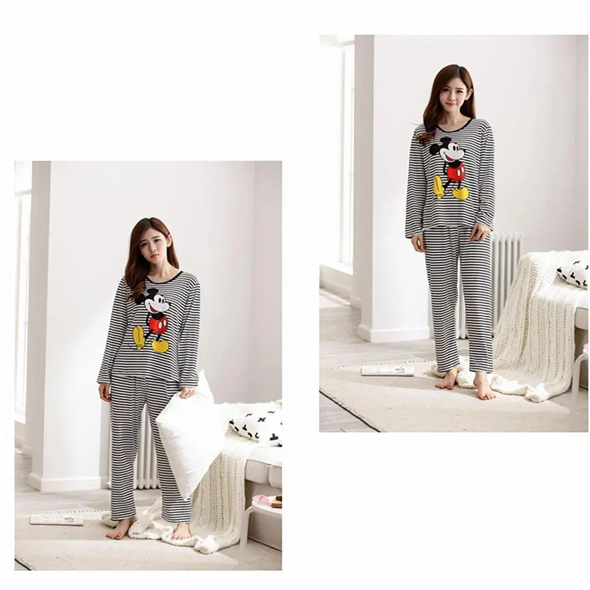 hibobi 2-Piece Spring Long Sleeved Round Neck Pajamas Loungewear Set Women's Cartoon Cute Fashion Pajamas Pajama Pants Set