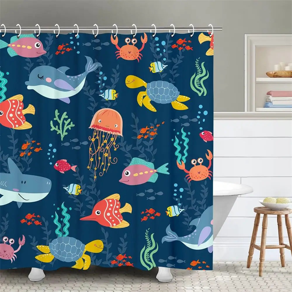 Colorful Tropical Fish Shower Curtains Ocean Animals Kids Bath Curtain Polyester Fabric Waterproof Bathroom Decor Set with Hooks