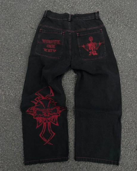 Harajuku Y2K men jeans vintage goth  Skull Embroidery Washed wide leg jeans streetwear Men Women Straight Casual baggy jeans
