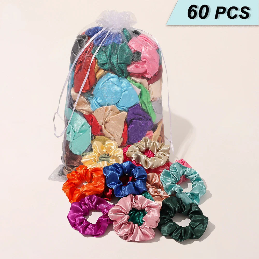 60Pcs/Bag Satin Hair Scrunchies for Women Girls Silk Elastic Hair Ties Scrunchies Headband Black Red Pink Hair Accessories Set