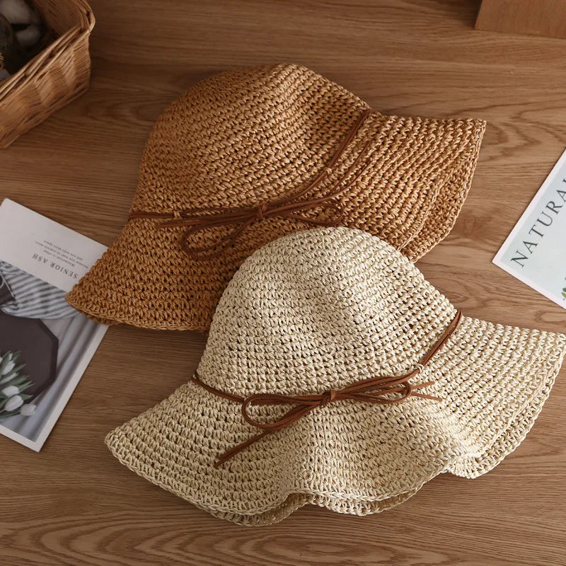 New Simple Foldable Wide Brim Floppy Girls Straw Hat Sun Hat Beach Women Summer Hat UV Protect Travel Cap Lady Cap Female