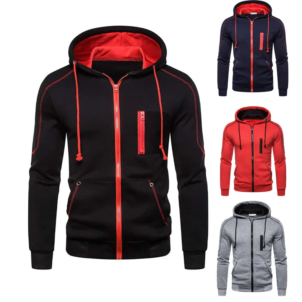 Men's Zip Up Jackets Color Matching Casual Hoodies Running Hiking Sportswear Spring Autumn Fleece Multiple Pockets Sweatshirts