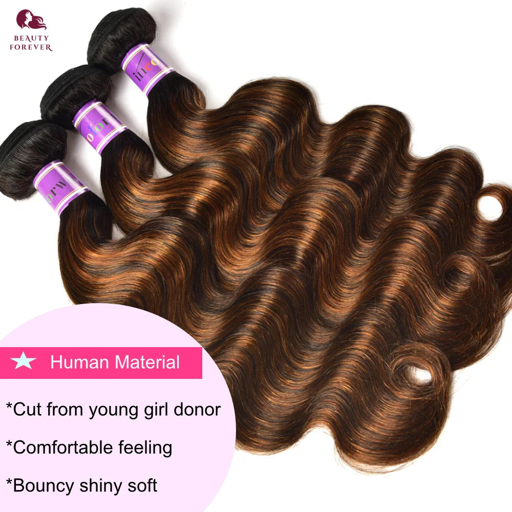 Beauty Forever Ombre Brown Body Wave Bundles With Closure Highlight Color Double Drawn Peruvian Human Hair Weaving Free Shipping