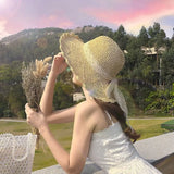 Wide Brim Straw Hat Foldable Big Lace Bow UV Protection Cover Hat Korean Version Summer Hats Travel