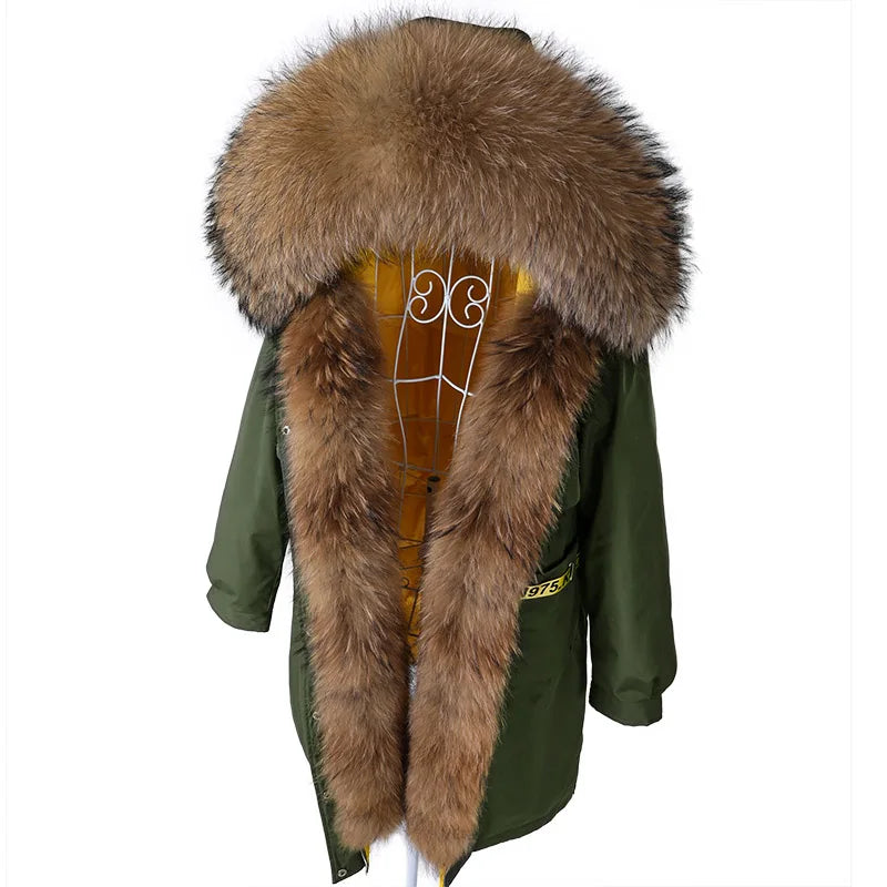 Maomaokong 2022 Real Fur Down Jacket Women Long Coat Warm Outwear Big Fur Collar Luxury Female Clothes Parkas Puffer Jacket