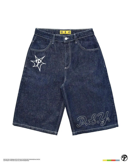 Summer Casual Denim Shorts Men Street Punk Hip Hop Cross Print Jorts Shorts Y2k Vintage Trendy Baggy Knee Length Pants New