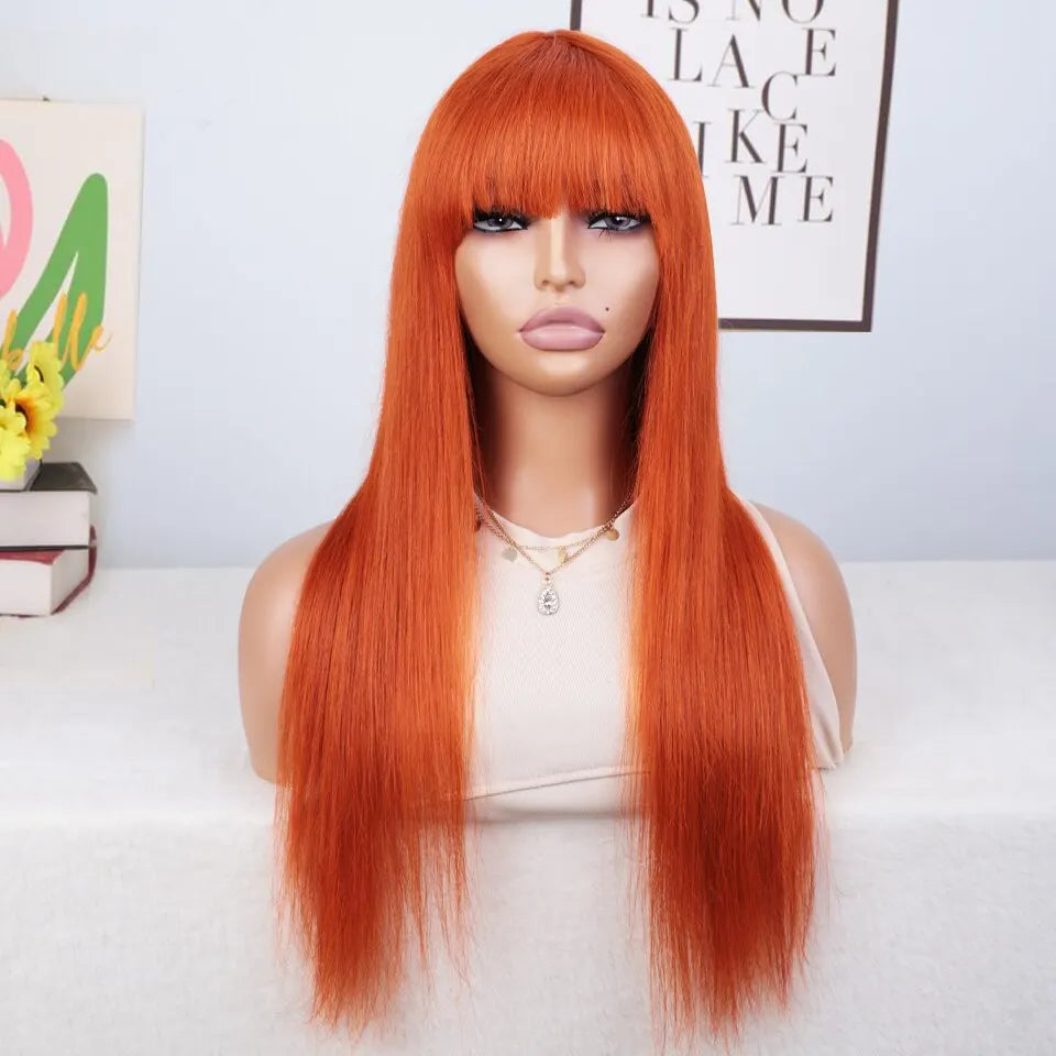 Orange Color Wig With Bangs Straight Hair Brazilian Straight Human Hair Wigs With Bangs Remy Full Machine Made Human Hair Wigs