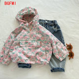 90-130cm Children's Pink Floral Flower Hooded Coat Toddler Girls 2023 Autumn Girls' Korean Pullover Windproof and BreathableTop