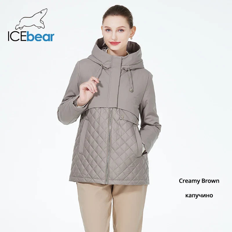 ICEbear 2023 New Women Casual Short Jackets Hooded Windproof Female Spring Autumn Parka Long Sleeve Thin Padded Coat GWC3570I