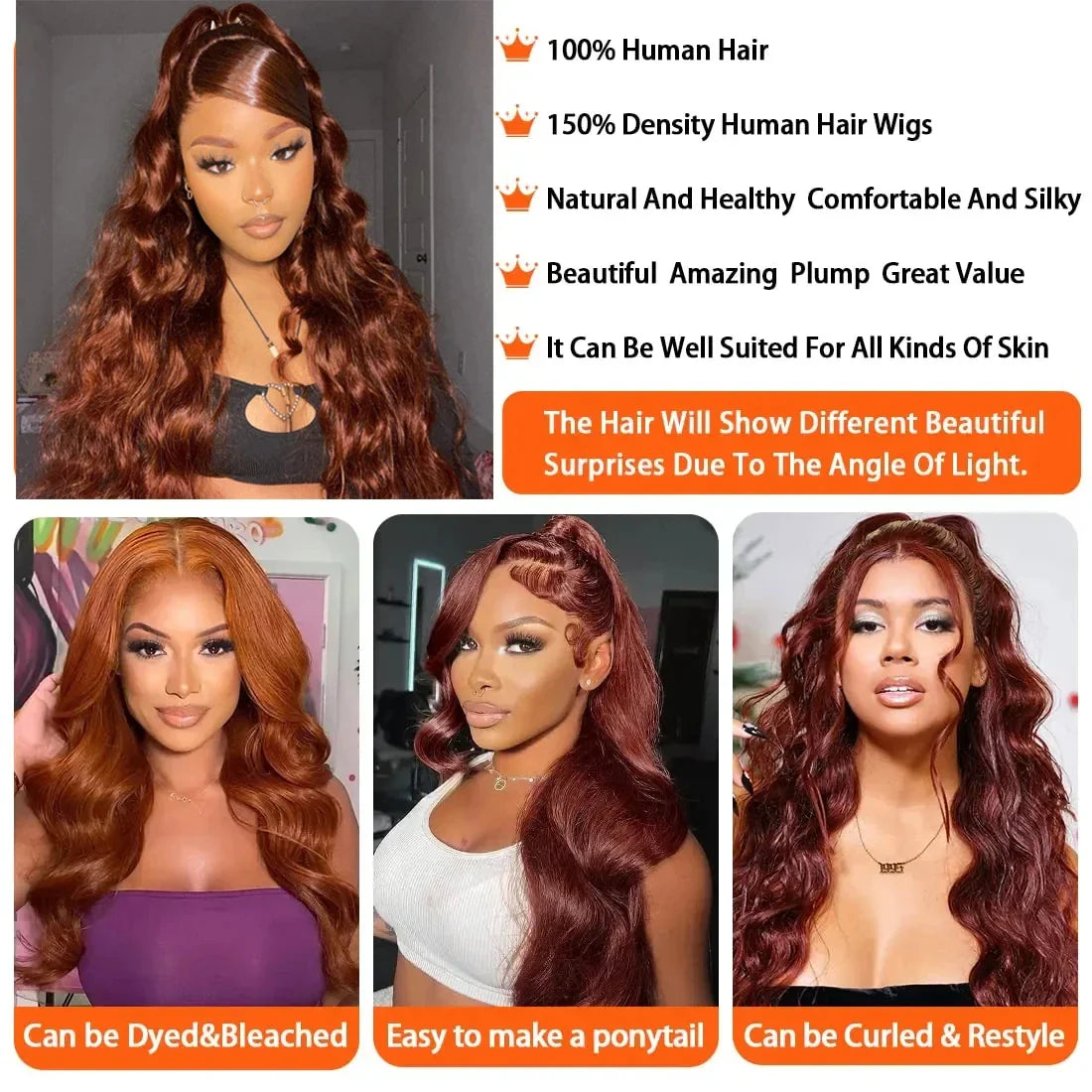 13x4 Reddish Brown Body Wave Lace Frontal Human Hair Wig 13x6 Transparent Lace Frontal Wig 4x4 Closure Glueless Human Hair Wig