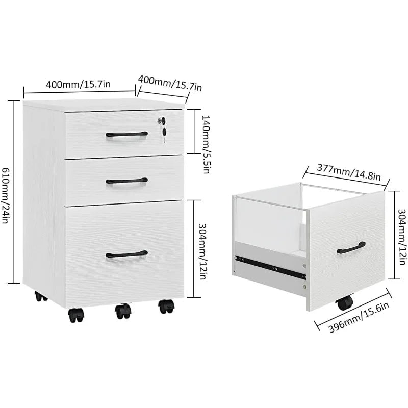 Panana 3 Drawer Wood Mobile File Cabinet, Under Desk Storage Drawers Small File Cabinet for Home Office (White)