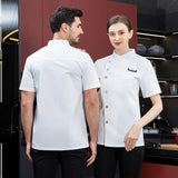 Men Grey Chef Coat Logo short Sleeve Chef Jacket Apron for Summer Head Chef Uniform Restaurant Hotel Kitchen Cooking Clothes