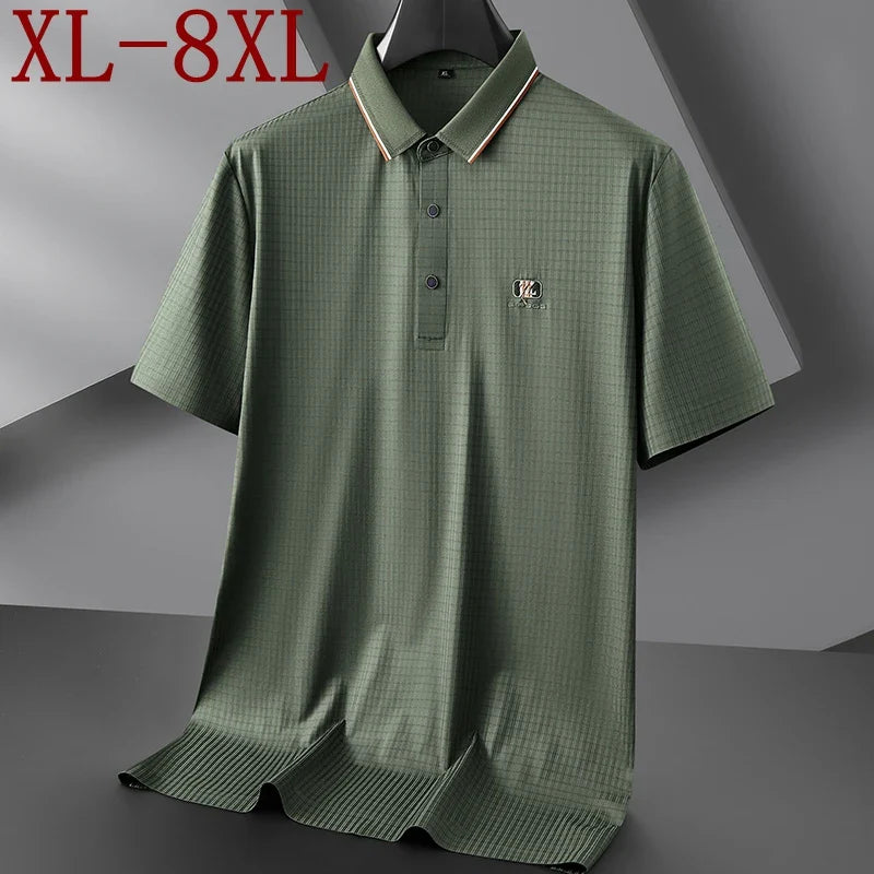 8XL 7XL 6XL 2024 New Summer High End Ice Silk Breathable Shirts For Men Tops Business Casual Mens Polo Shirt Plaid T-shirt Homme