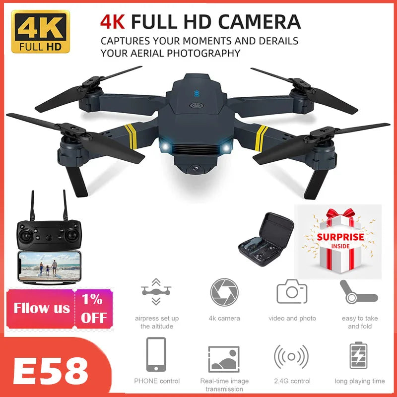 NEW E58 RC Drone WiFi FPV Altitude Hold Foldable Quadcopter with Battery 1080P 4K HD Camera RC Drone Helicopter Drone Gift Toys