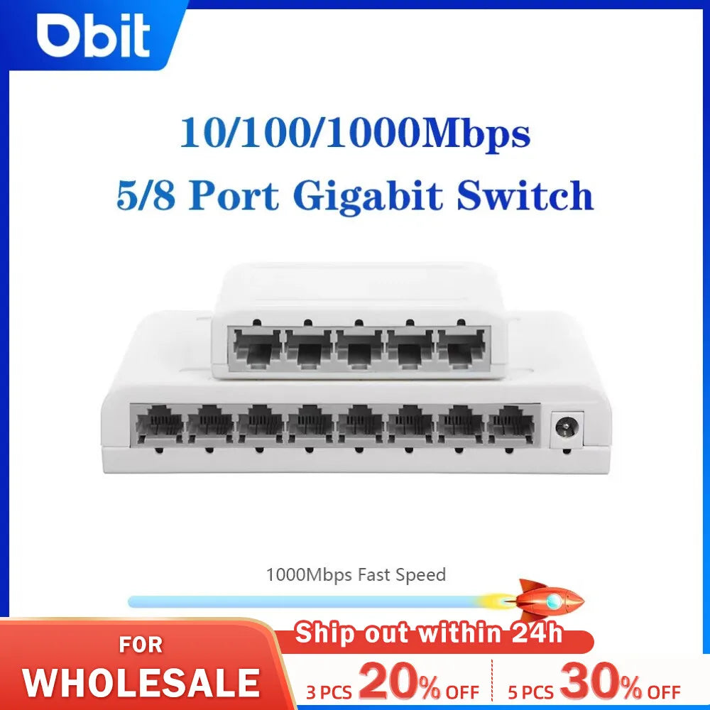 DBIT 5 /8 Port Gigabit Data Switch,Network Hub,Desktop Ethernet Splitter,Plug & Play Shielded Ports Fanless Quiet Mini Portable