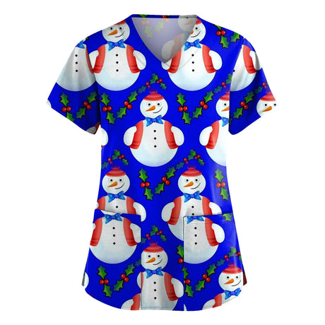 Christmas Cartoon print spa uniform beauty salon Pet shop uniform Fashion Slim Fit top scrub clothes women scrubs lab coat