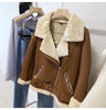 LY VAREY LIN Winter Women Faux Leather Lambs Wool Fur Collar Pu Moto Zipper Jacket Warm Thick Outerwear Faux Lamb Leather Jacket