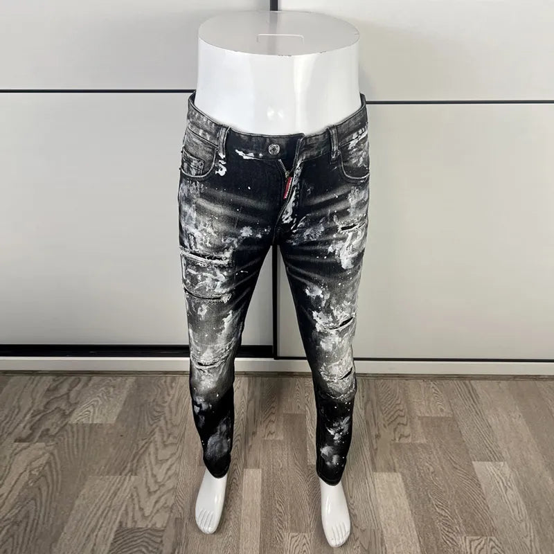 High Street Fashion Men Jeans Retro Black Gray Elastic Slim Fit Ripped Jeans Men Painted Designer Hip Hop Brand Pants Hombre