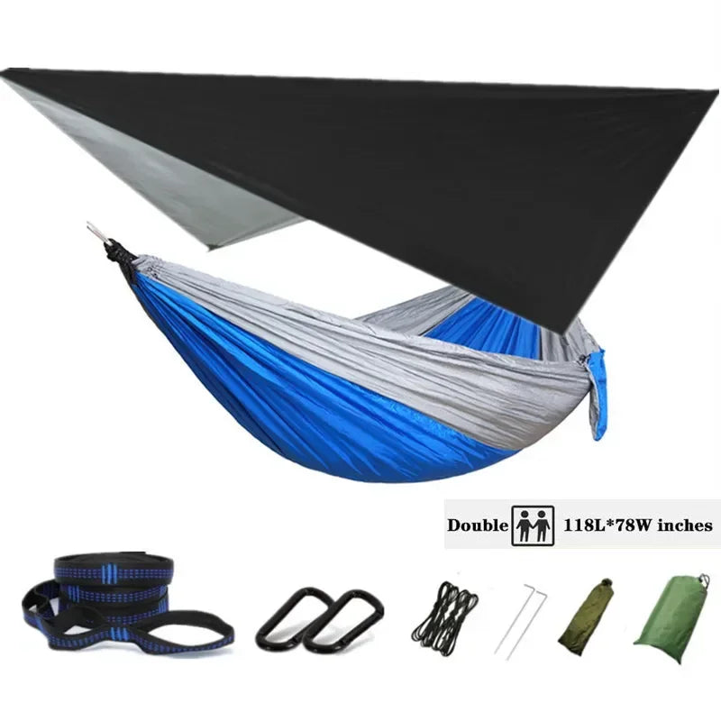 Oversized Double 118inx79in Hammock with Tree Straps and Rain Fly, Indoor Outdoor Backpacking Survival & Travel Camping Hammock