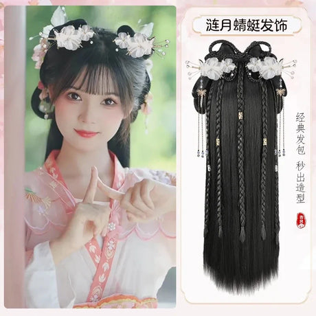 Hanfu Cosplay Wigs Women Black Anime Ancient Chinese Hanfu Wigs Headgear Accessories Hanfu Long Straight Wigs Black Wig Headband