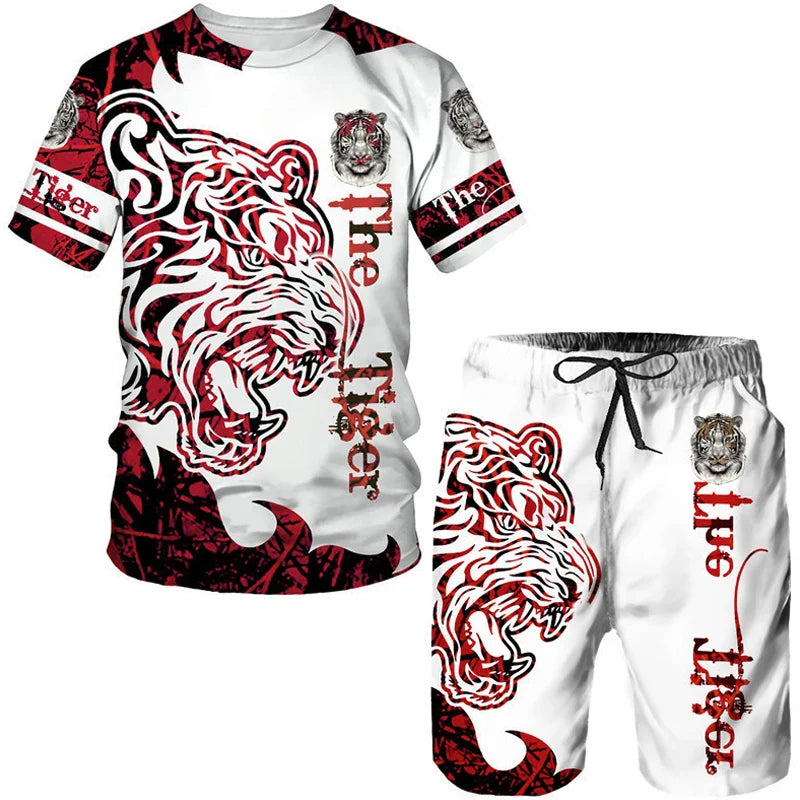 2023 Men T-shirt Set Tracksuit Training Wear Lion Pattern T-Shirt Shorts Casual Suit Oversized 2 Piece Set Sports Men Clothes