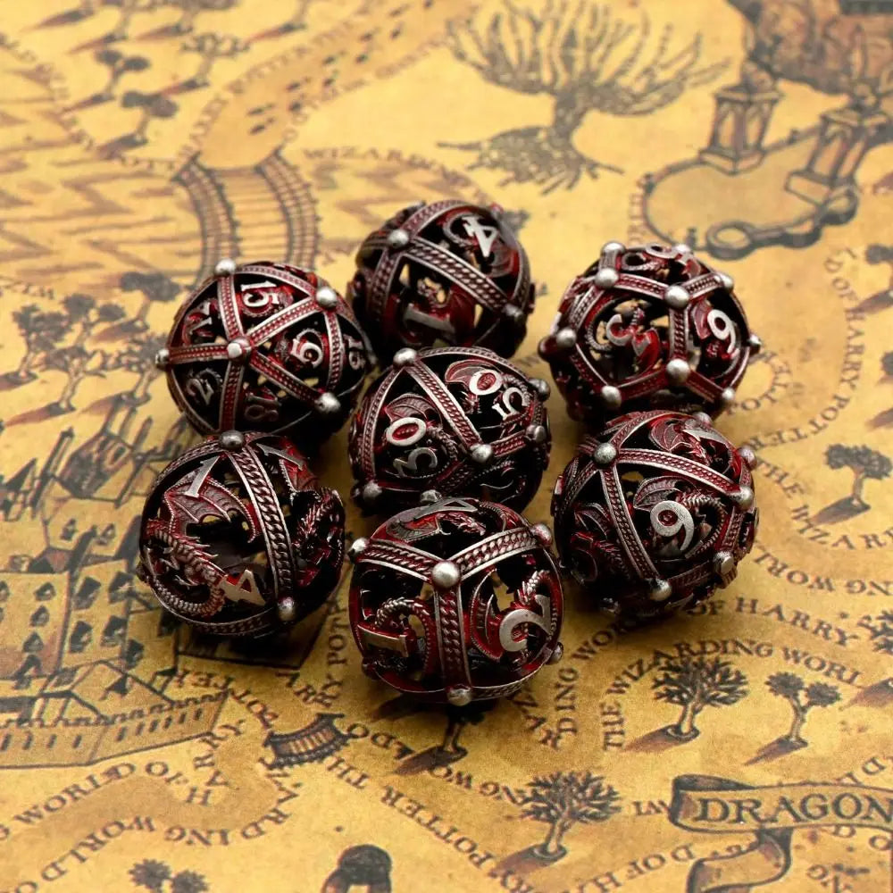 7Pcs/set Hollow Roung Dragon for DND Dice Party Game 7-Die Table Game Polyhedral Dice D4 D6 D8 D10 D12 D20 Metal Game Dice TRPG