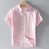 Summer Cotton Linen Short Sleeve Shirts Men Casual Fashion Pink Classic Turn-down Collar Man Tops Plus Size S-4XL Y2469