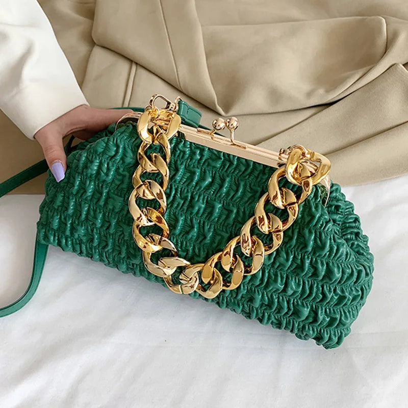 Luxury Brand Women Purple Orange Messenger Bags Shell Clip Thick Chain Ruched Handbags And Purse Prom Clutch Lady Shoulder Bags