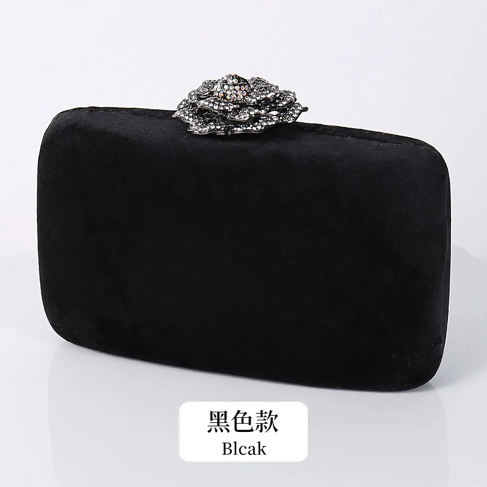 New Winter Velvet Clutch Bag  Diamond Flower Lock Elegant Evening Bag Luxury Designer Purse Wedding Chain Clutch