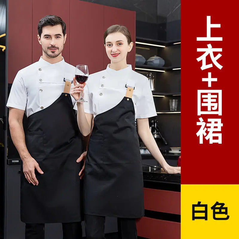 Men Grey Chef Coat Logo short Sleeve Chef Jacket Apron for Summer Head Chef Uniform Restaurant Hotel Kitchen Cooking Clothes