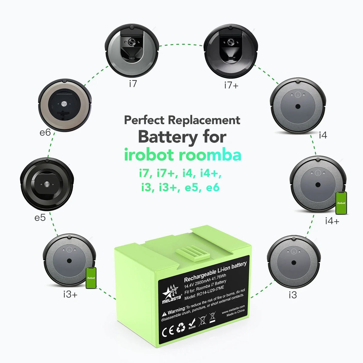 Melasta 14.4V 2900mAh Battery for iRobot Roomba e Replacement Lithium Ion and i Series i7 7150 7550 i7+ 7550 e5 e6 i3 i3+ i4 i4+