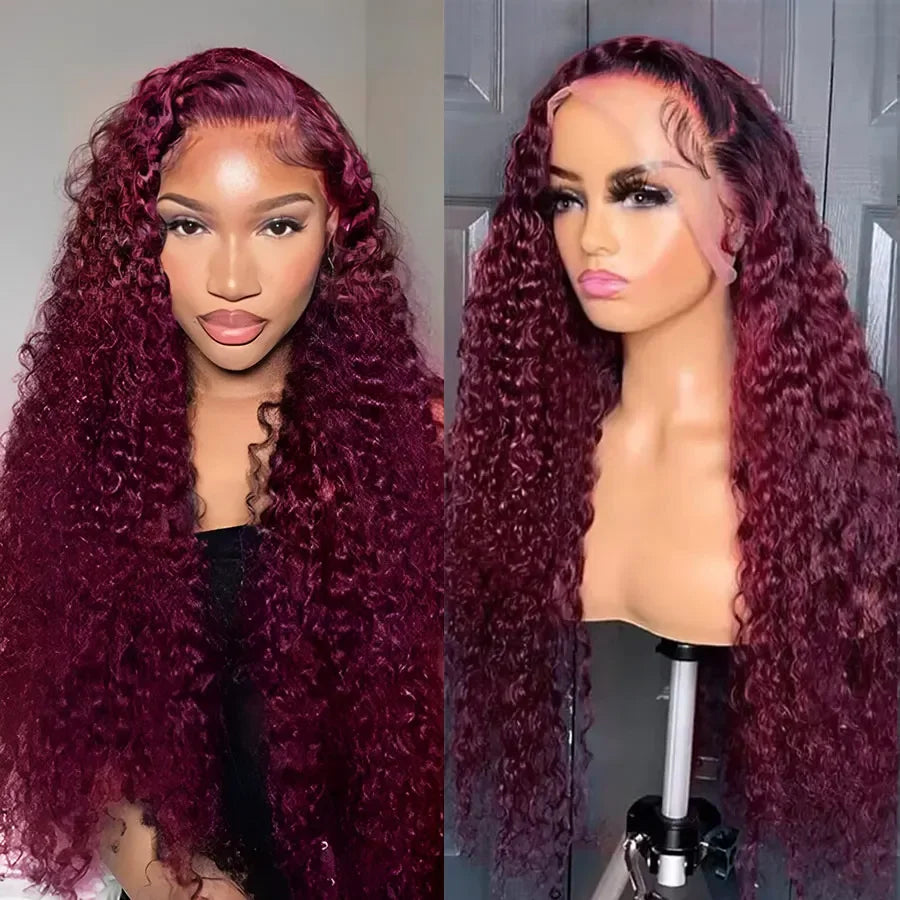 13x4 Transparent Deep Wave Lace Frontal Wig Burgundy Lace Front Wig Brazilian 99J Curly Lace Front Human Hair Wigs For Women