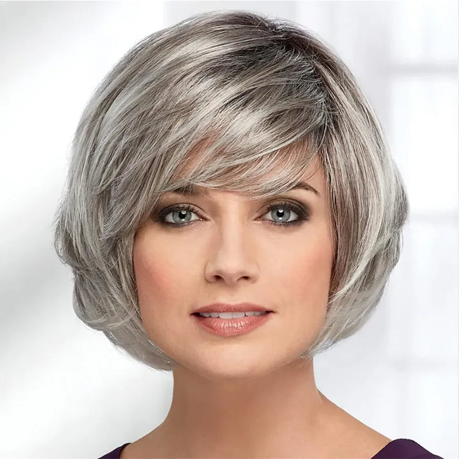 HAIRJOY Synthetic Hair  Women Short Straight Ombre Bob Wig with Bangs Blonde Silver Brown  Red