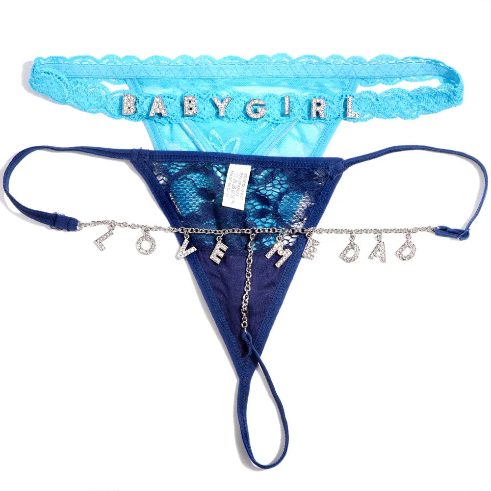 2PCS/set Mesh Lace Thong Panties With Customize Crystal Letters DIY Name Waist Chain Bikini Underwear Body Jewelry Couple Gifts