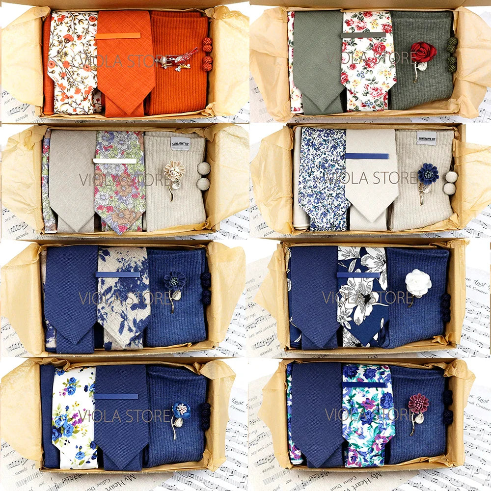 Viola Design Gift Box Hot Solid Floral Cotton Sock Necktie Set Clip Cufflinks Pin Hanky Men Wedding Party Daily Cravat Accessory